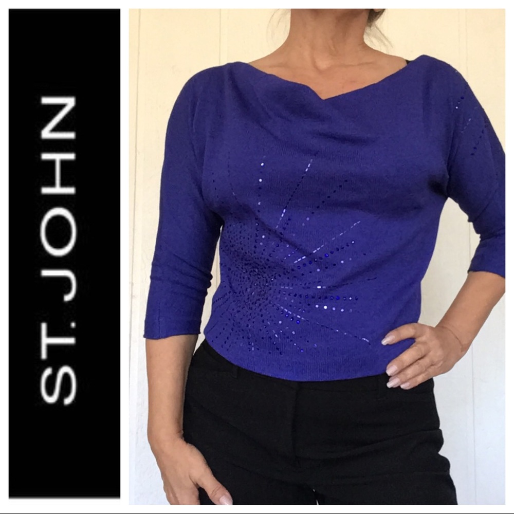 ST JOHN EVENING PURPLE SWAROVSKI KNIT SWEATER SIZE 2